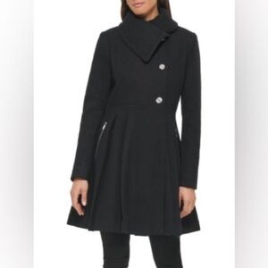 GUESS Pleated Wool Blend Flared Coat